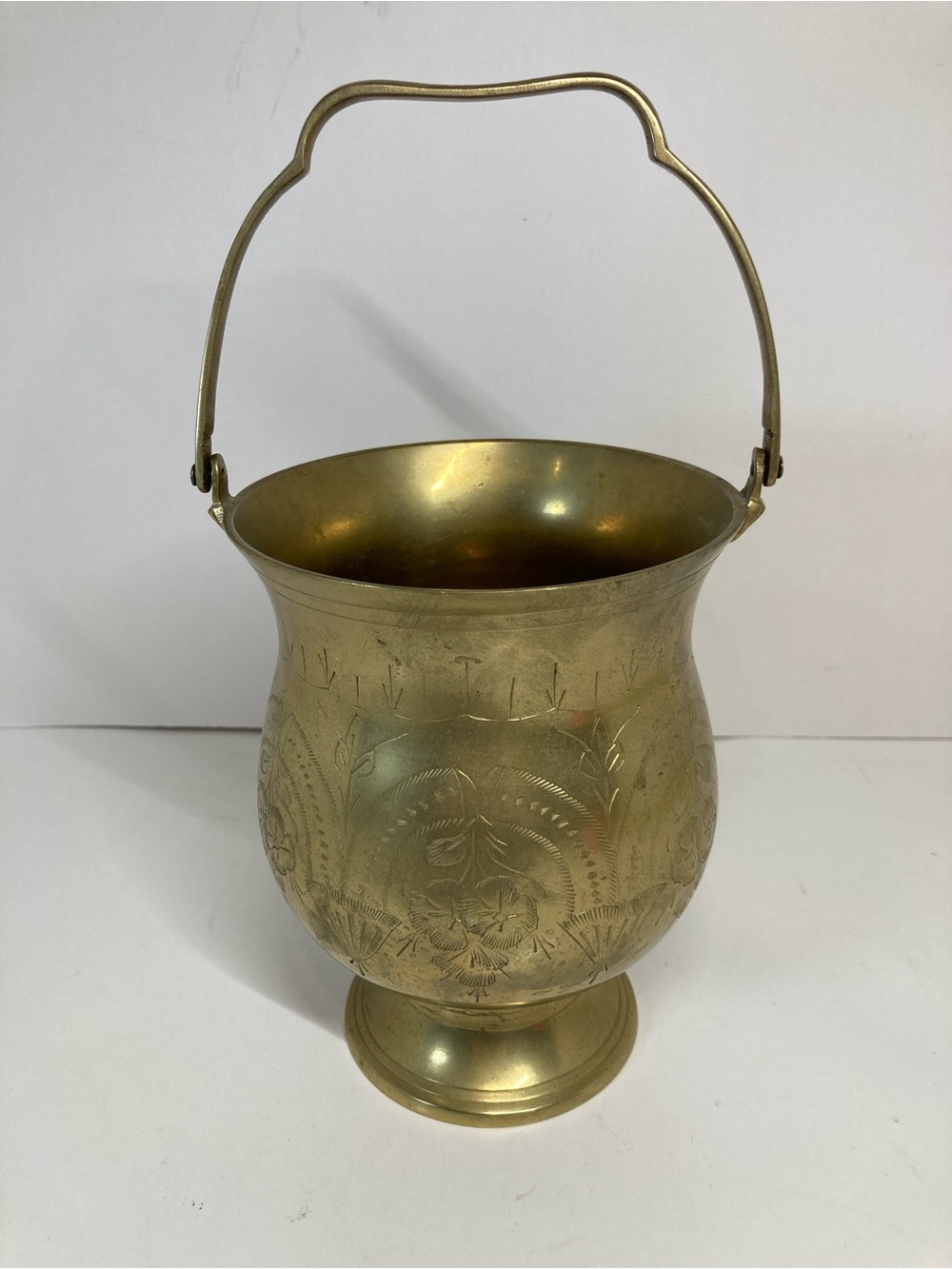 Vintage Brass Ice Bucket MCM Serving Etched Floral Design Vase 6” With Handle